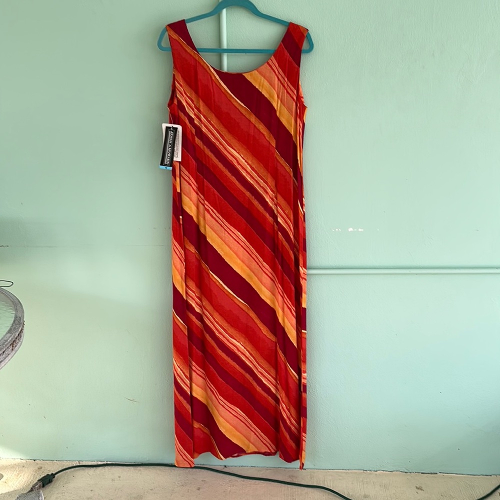 Jessica Howard, orange, diagonal striped long dress. Size 16/runs small.